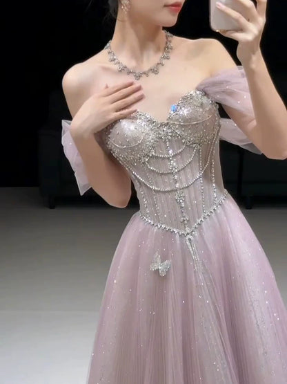 Robe de bal longue à paillettes roses, bustier et coupe trapèze, inspiration pour une soirée d'anniversaire de 20 ans (AB2253)