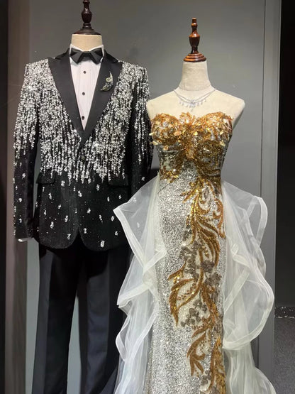 Robe de bal sirène scintillante à décolleté cœur et sequins dorés - Inspiration robes de soirée longues - Tenues pour un 19e anniversaire AB2260