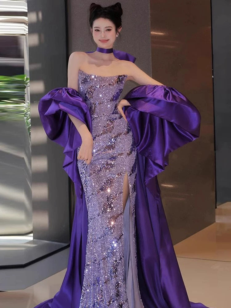 Robe de bal sirène bustier à paillettes violettes, inspiration robe de soirée longue, tenue pour un 20e anniversaire AB2258