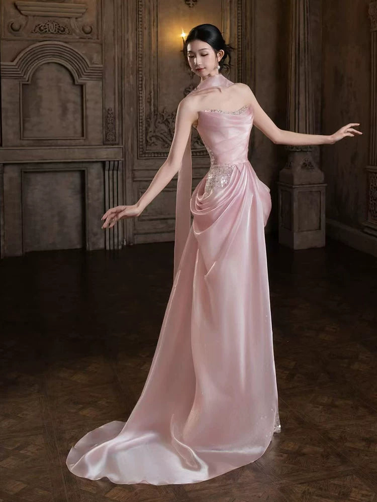 Robe de bal sirène rose à paillettes sans bretelles, inspiration robe de soirée longue pour un 19e anniversaire AB2261