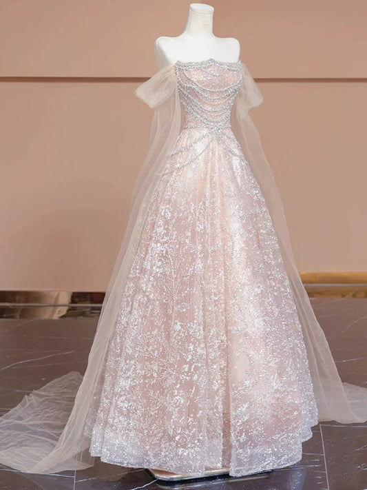 Einzigartiges Ballkleid, schulterfrei, rosa mit kurzen Ärmeln – Inspiration für Abschlussballkleider, Partykleider, Abendkleider, Outfits zum 20. Geburtstag AB2256