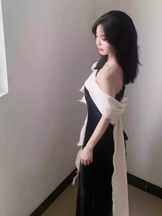 Robe de bal sirène asymétrique noire unique - Inspiration pour une longue soirée - Tenue pour un 20e anniversaire AB2248