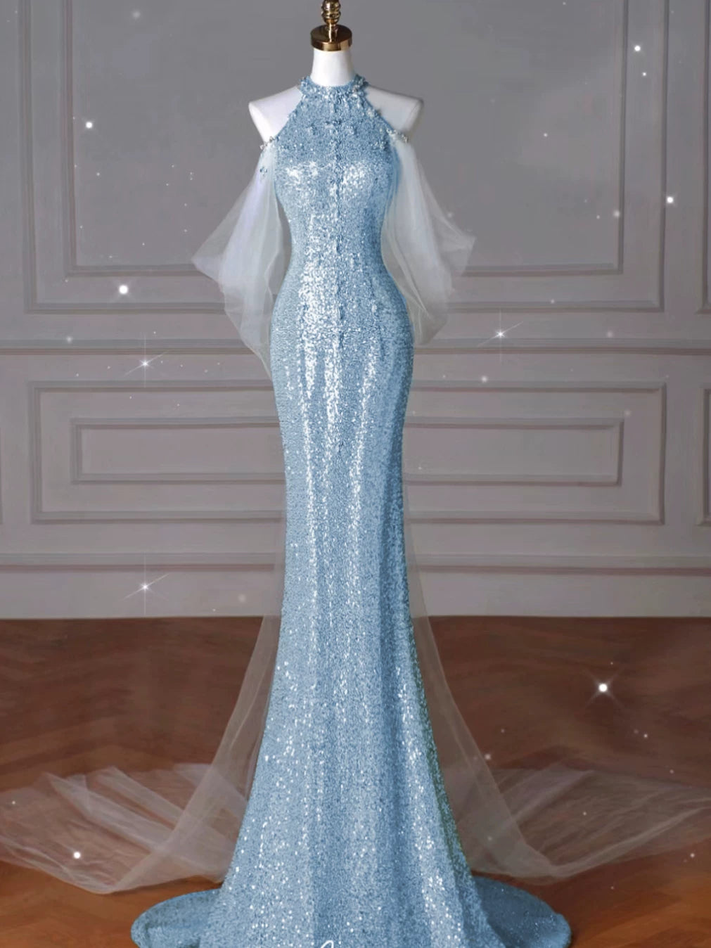 Robe de bal sirène modeste à col montant et sequins bleus, inspiration robe de soirée longue pour un 19e anniversaire AB2273