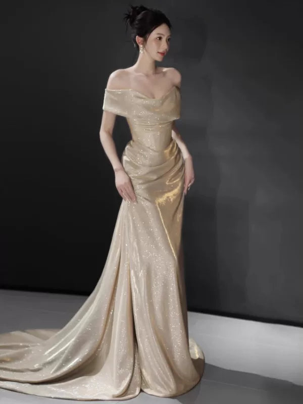 Robe de bal sirène sexy à épaules dénudées, longue robe à sequins couleur champagne, robe de soirée, tenue pour un 16e anniversaire, robe de remise de diplôme AB2244