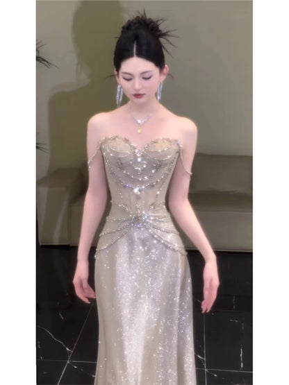 Inspiration robes de bal longues à paillettes, coupe trapèze, sans bretelles, style A, pour un 19e anniversaire (AB2259)