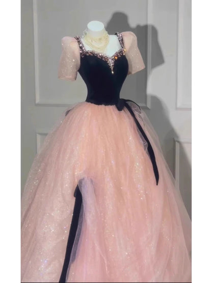 Robe de bal princesse décolletée en cœur, manches courtes, corsage en tulle rose, inspiration robes de soirée longues, tenues pour un 20e anniversaire AB2267