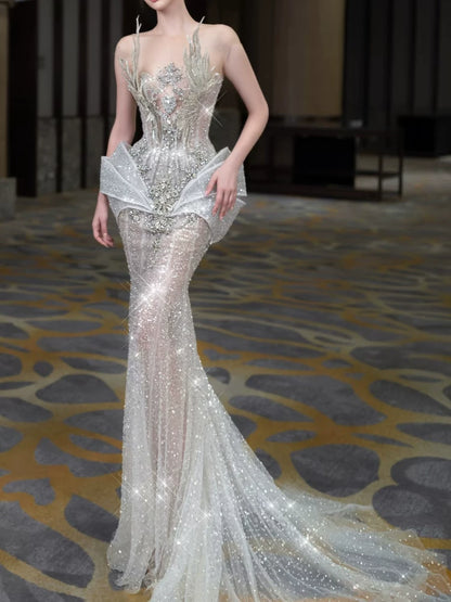 Robe de bal sirène modeste à col rond, ornée de sequins et de perles argentées, inspiration robe de soirée longue pour un 19e anniversaire AB2275