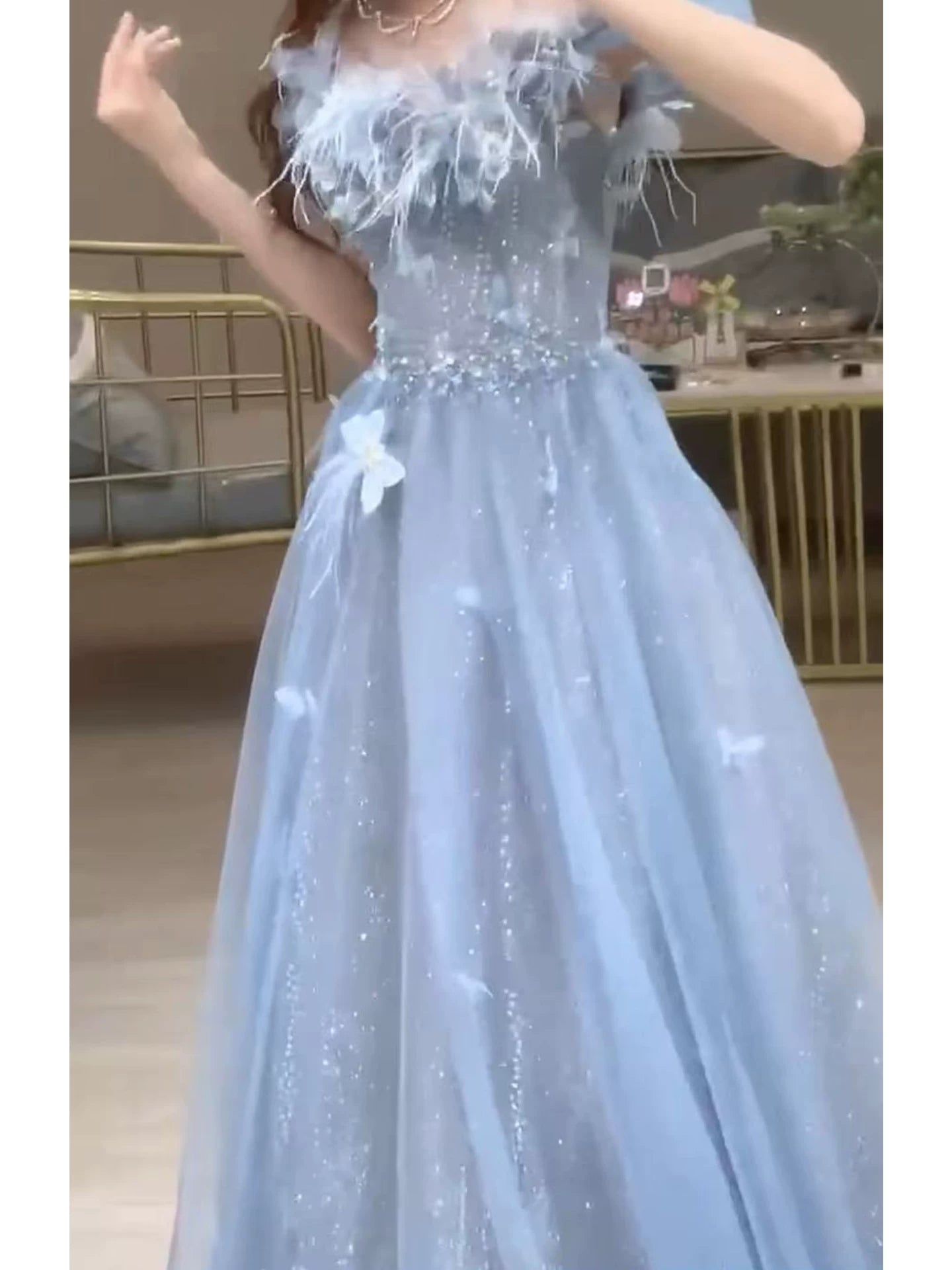 Robe de bal bleue unique à épaules dénudées, coupe trapèze, inspiration tulle, robe de soirée longue, tenue pour un 20e anniversaire AB2247