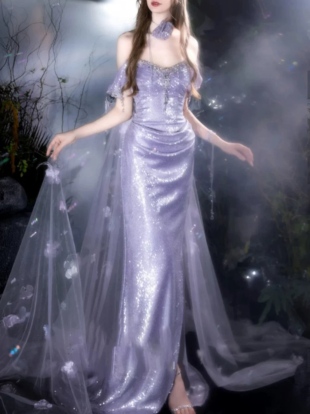 Robe de bal sirène bustier lilas à fente et sequins, inspiration robe de soirée longue pour un 21e anniversaire AB2288