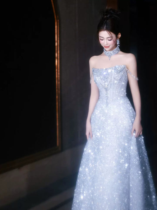 Prinzessinnen-A-Linien-Kleid, trägerlos, blau, Pailletten, Inspiration für lange Party-Nachtkleider, Outfits zum 20. Geburtstag AB2251
