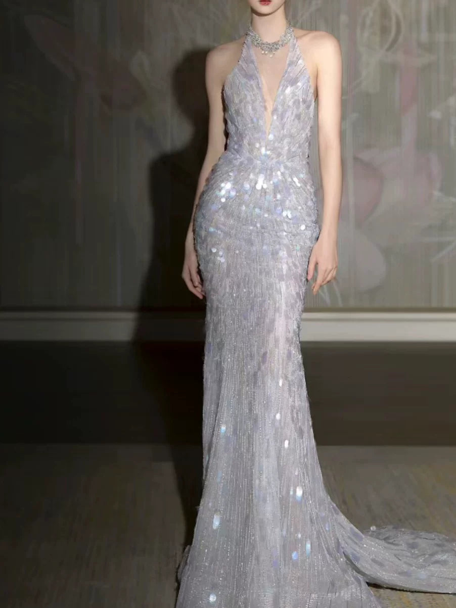 Robe de bal sirène dos nu sans manches à sequins, inspiration robe de soirée longue pour un 21e anniversaire AB2285