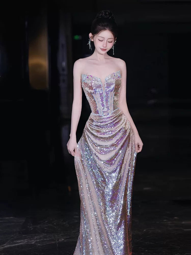 Robe de bal sirène sans bretelles à sequins et corsage perlé, inspiration robe de soirée longue, tenue pour un 20e anniversaire AB2249