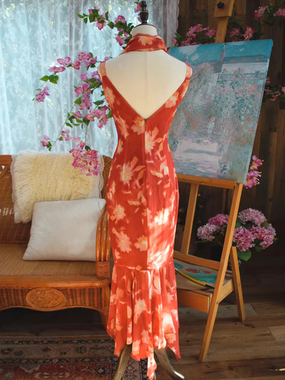 Robe de bal vintage années 1950, sirène, col en V, en mousseline à fleurs avec foulard, inspiration robe de soirée longue, tenue pour un 18e anniversaire AB2378