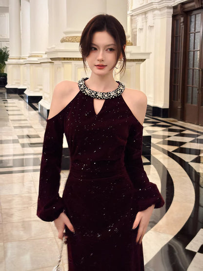 Robe de bal sirène sexy en velours bordeaux à col bijou, manches longues et longueur cheville, idéale pour un mariage ou un 22e anniversaire (AB2499)
