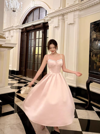 Robe de bal élégante en satin rose, coupe trapèze, bretelles spaghetti, longueur cheville, idéale pour une soirée d'anniversaire ou un 17e anniversaire (AB2497)