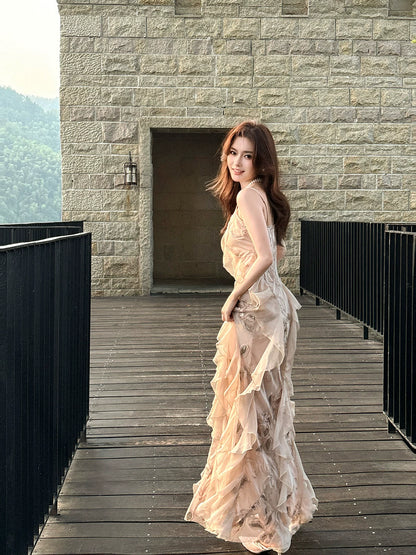 Robe de bal longue sirène élégante à fines bretelles en mousseline rose à sequins roses, à plusieurs couches, tenue de soirée de remise de diplômes esthétique N085