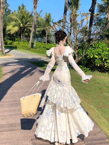 Robe de bal sirène élégante à col carré et manches longues en mousseline bleue à imprimé floral, idéale pour une soirée d'anniversaire ou un 16e anniversaire (AB2466)