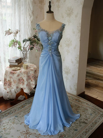 Robe de bal longue bleue en mousseline, col V, style sirène, années 90, inspiration rétro pour une soirée d'anniversaire (21 ans) AB2376