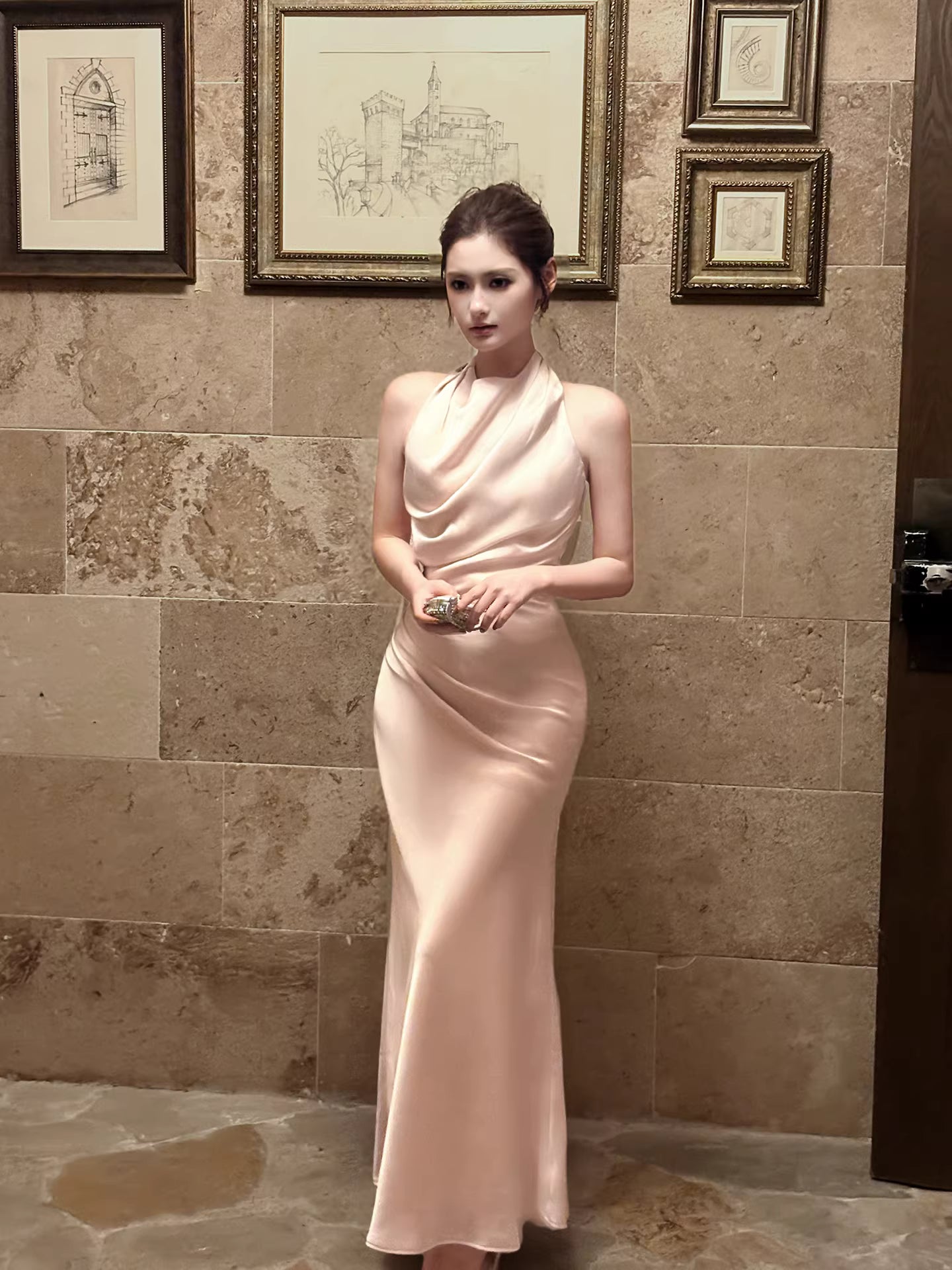 Robe de bal élégante rose sirène dos nu, longueur cheville, tenue de soirée pour les 17 ans et anniversaire AB2486