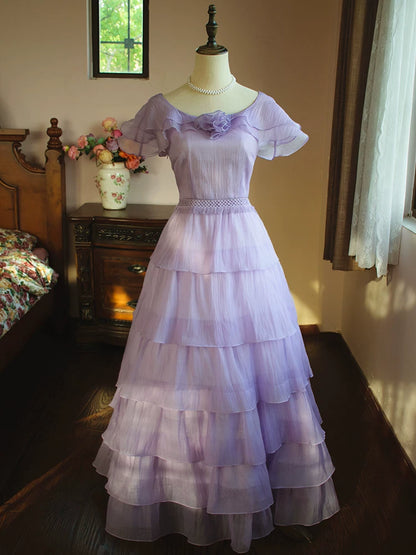 Robe de bal vintage lilas à col rond et plis, style trapèze, idéale pour une soirée longue ou un anniversaire de 18 ans (AB2366)