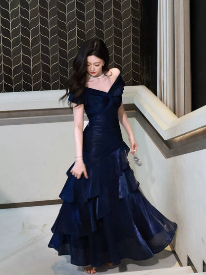 Robe de bal longue bleu marine élégante à épaules dénudées, style sirène, idéale pour une soirée d'anniversaire ou un 16e anniversaire (AB2456)