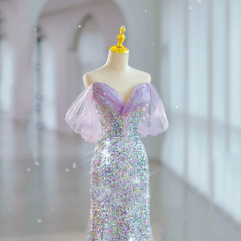 Robe de bal sirène modeste à épaules dénudées et sequins lilas, inspiration robe de soirée longue pour un 19e anniversaire AB2319