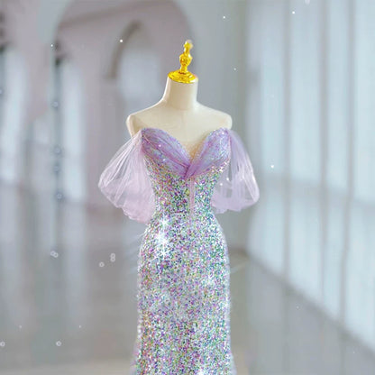 Robe de bal sirène modeste à épaules dénudées et sequins lilas, inspiration robe de soirée longue pour un 19e anniversaire AB2319