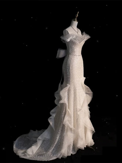 Robe de mariée sirène à paillettes blanches épaules dénudées AB2335
