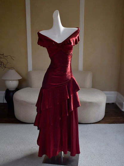 Robe de bal sirène bordeaux vintage années 60, épaules dénudées, inspiration robe de soirée longue rétro tenue d'anniversaire 20 ans AB2355