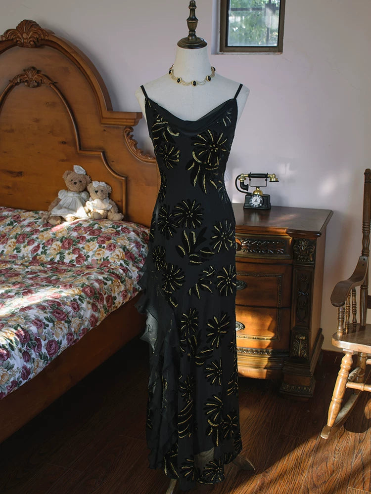 Robe de bal sirène vintage années 1960, bretelles spaghetti, en mousseline noire, inspiration robe de soirée longue, tenue pour un 18e anniversaire AB2387