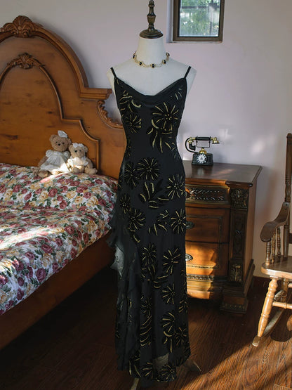 Robe de bal sirène vintage années 1960, bretelles spaghetti, en mousseline noire, inspiration robe de soirée longue, tenue pour un 18e anniversaire AB2387