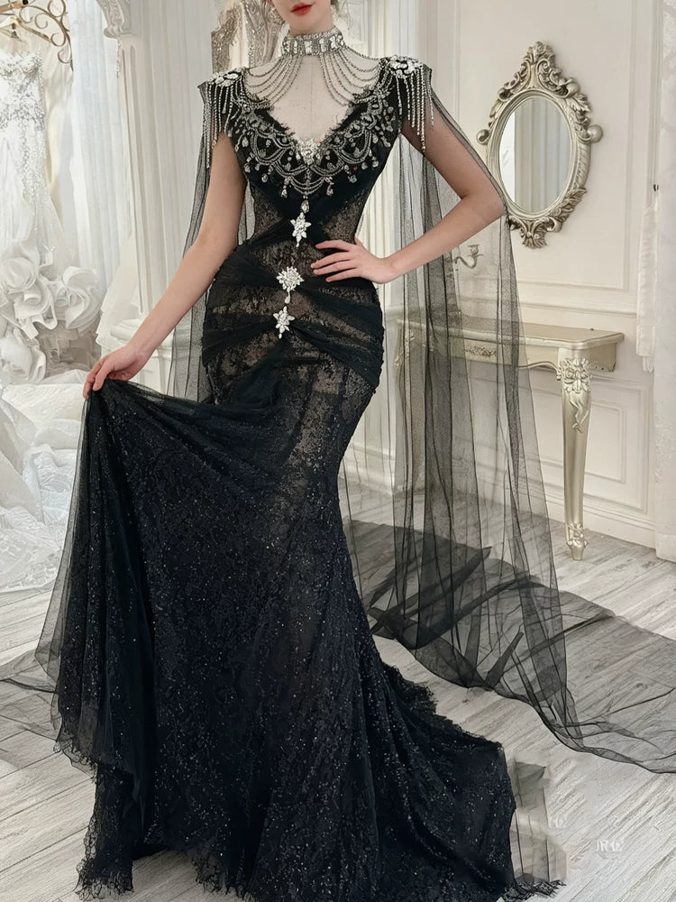 Robe de bal modeste, inspiration sirène, col en V, tulle noir, manches longues, cape, robe de soirée longue AB2337