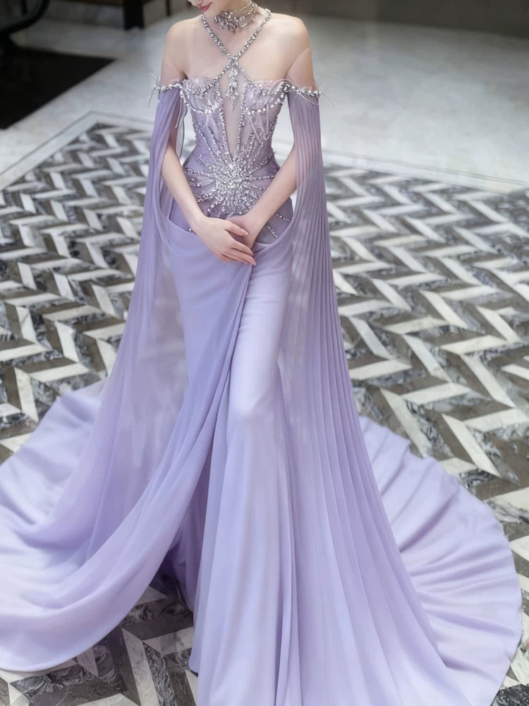 Robe de bal sirène à paillettes lilas dos nu, inspiration robe de soirée longue, tenue pour un 20e anniversaire AB2295