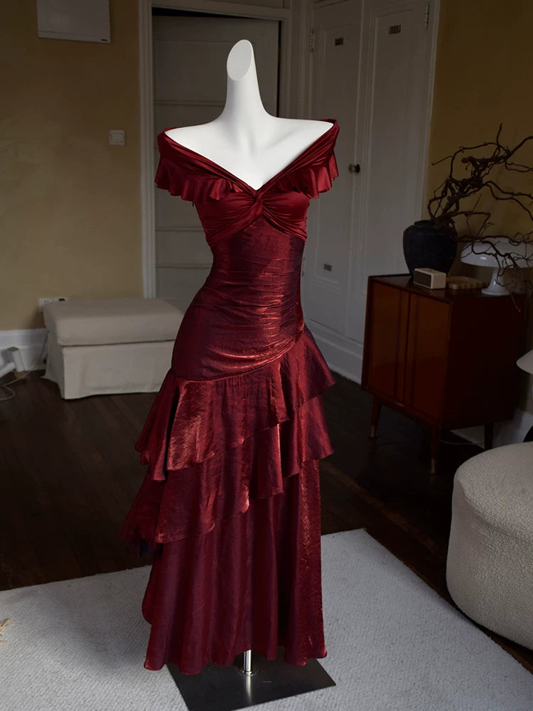 Robe de bal sirène bordeaux vintage années 60, épaules dénudées, inspiration robe de soirée longue rétro tenue d'anniversaire 20 ans AB2355