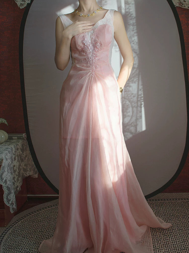 Robe de bal vintage années 1960, rose, col en V, volants et dentelle, inspiration robe de soirée longue, tenue pour un 18e anniversaire AB2379