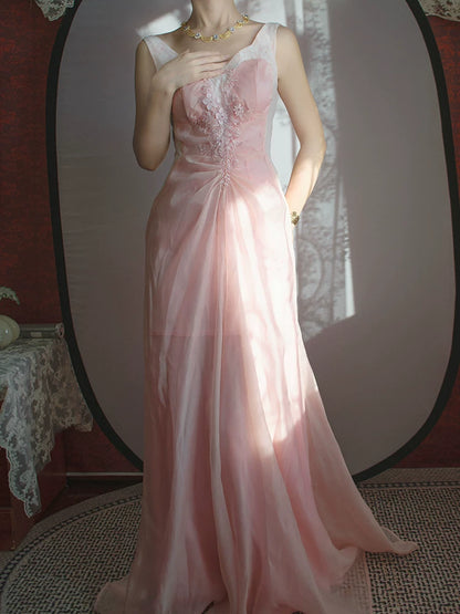 Robe de bal vintage années 1960, rose, col en V, volants et dentelle, inspiration robe de soirée longue, tenue pour un 18e anniversaire AB2379