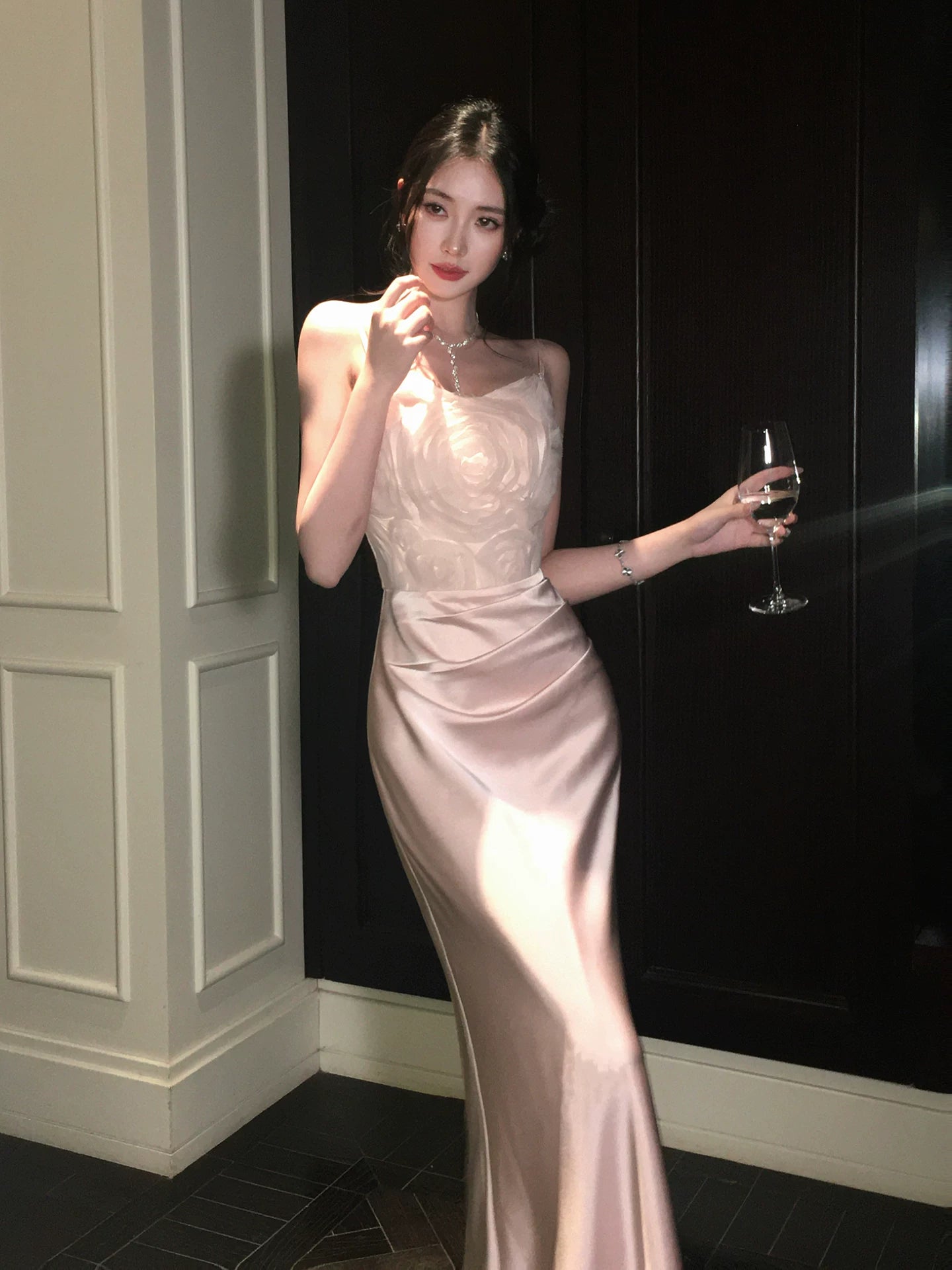 Robe de bal sirène sexy à fines bretelles en satin rose, robe d'invitée de mariage, tenue pour un 20e anniversaire AB2464