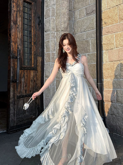 Robe de bal mi-longue en mousseline bleu ciel clair, coupe trapèze, dos nu, style modeste, idéale pour une soirée d'anniversaire ou un 16e anniversaire (AB2417)