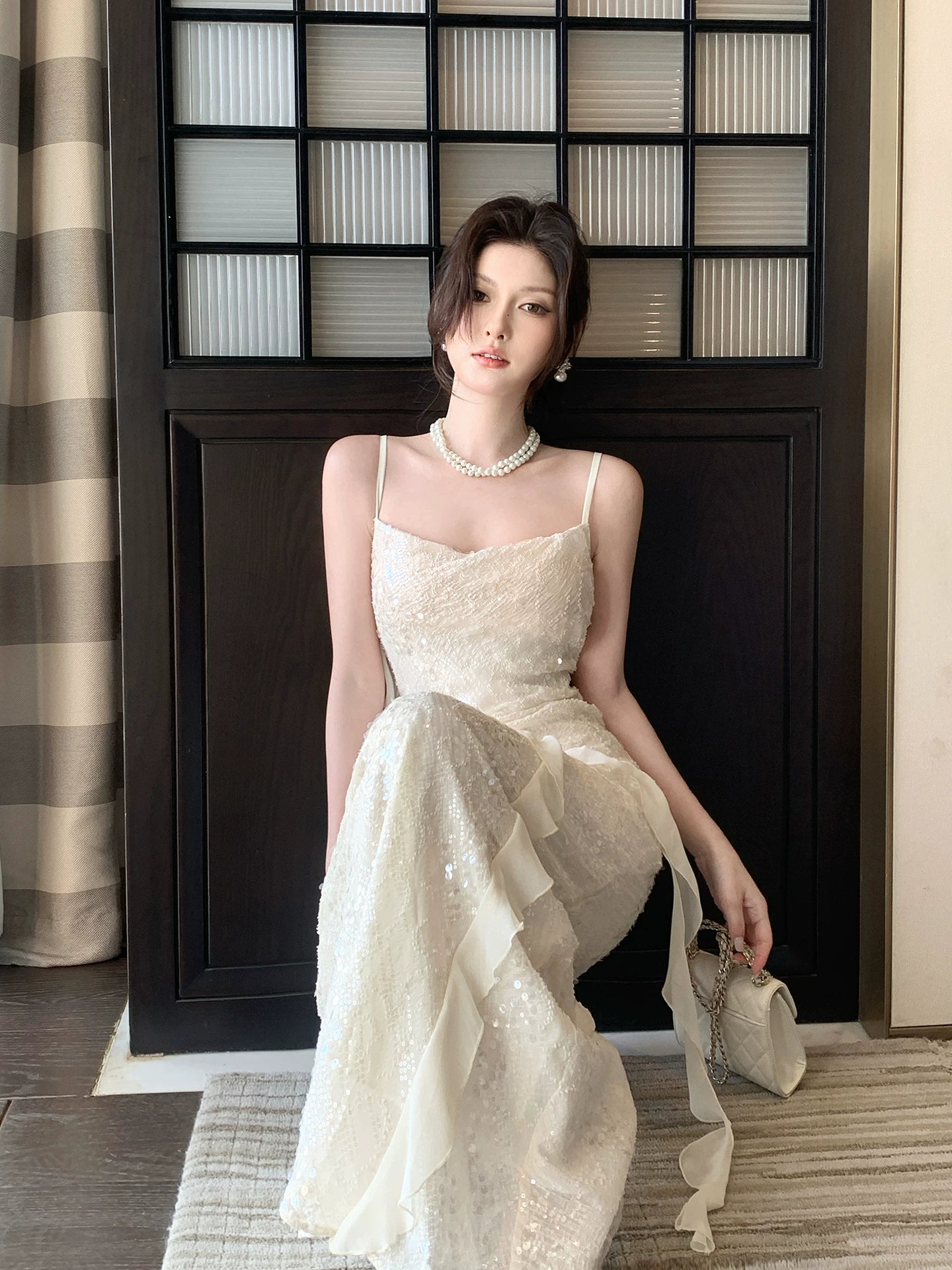 Modest Mermaid Spaghetti Straps Sequins Ivory Prom Dresses Wedding Guest Gown 16th Nigh Party Birthday Outfits AB2426