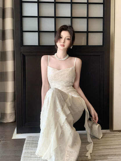 Modest Mermaid Spaghetti Straps Sequins Ivory Prom Dresses Wedding Guest Gown 16th Nigh Party Birthday Outfits AB2426