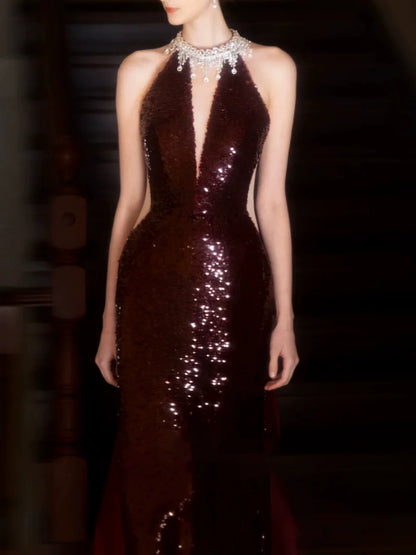 Robe de bal sirène modeste à col montant et sequins bordeaux, inspiration robe de soirée longue pour un 21e anniversaire AB2293