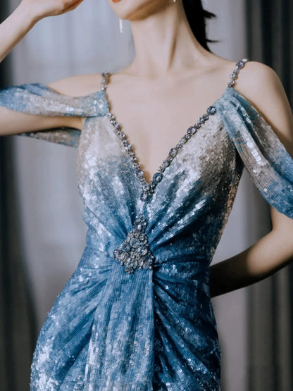 Robe de bal sirène modeste à col en V, sequins bleu ombré et plis, inspiration robe de soirée longue pour un 19e anniversaire AB2278