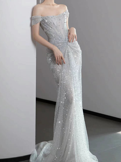 Robe de bal sirène modeste à épaules dénudées, sequins argentés et plissée, inspiration robe de soirée longue pour un 19e anniversaire AB2271