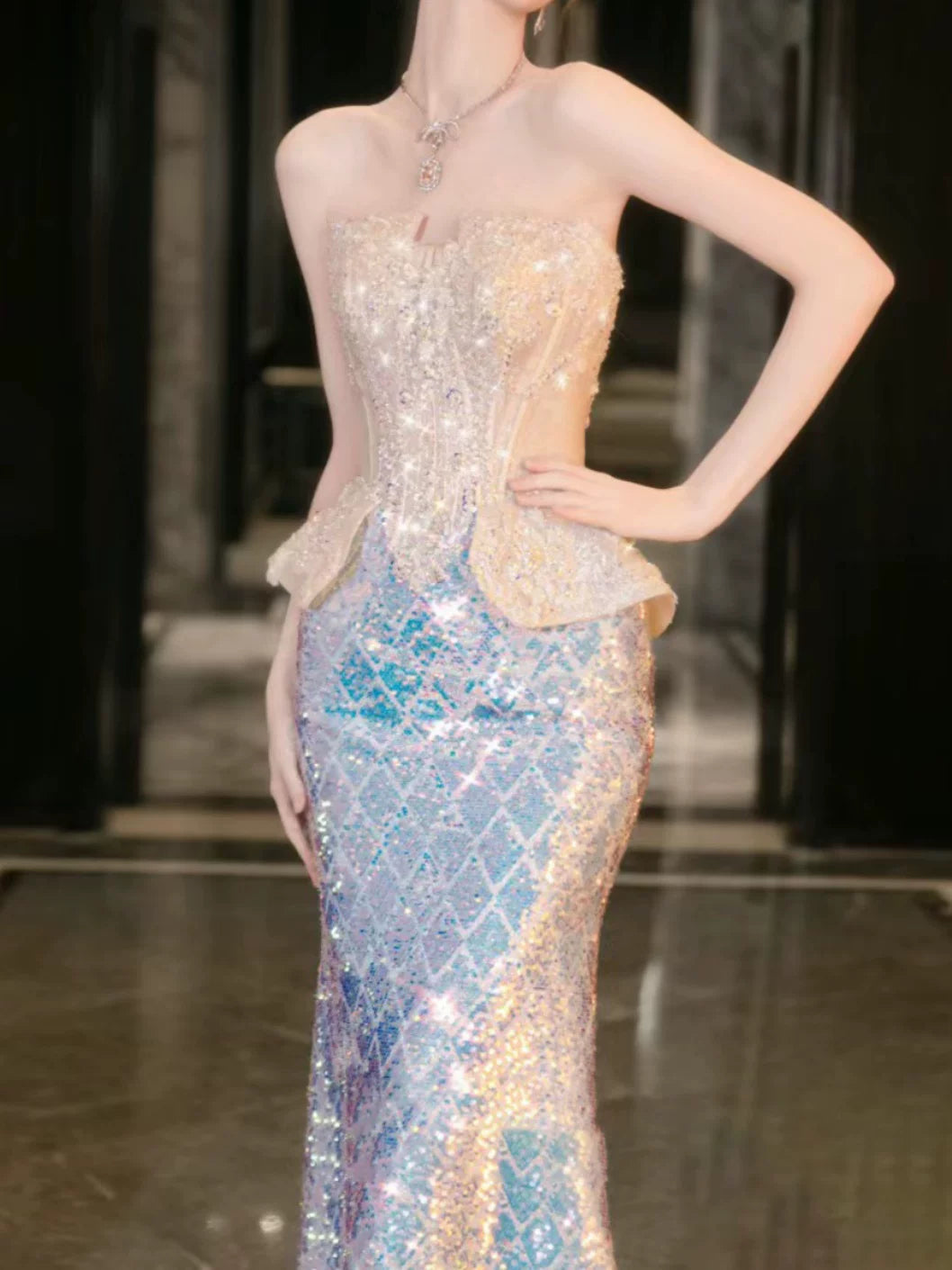 Robe de bal sirène bustier à sequins champagne, inspiration robe de soirée longue, tenue pour un 21e anniversaire AB2291
