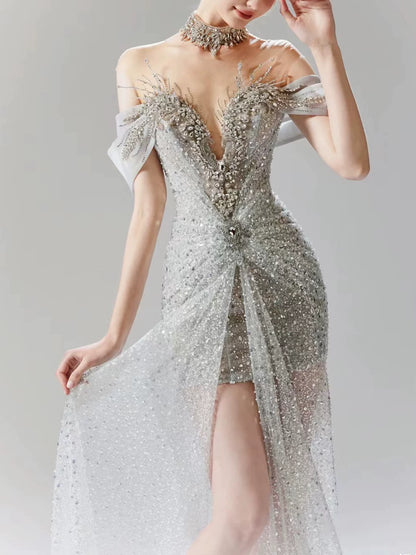 Robe de soirée sirène gris argenté vintage, épaules dénudées, ornée de perles, robe de bal longue, tenue d'anniversaire AB2314