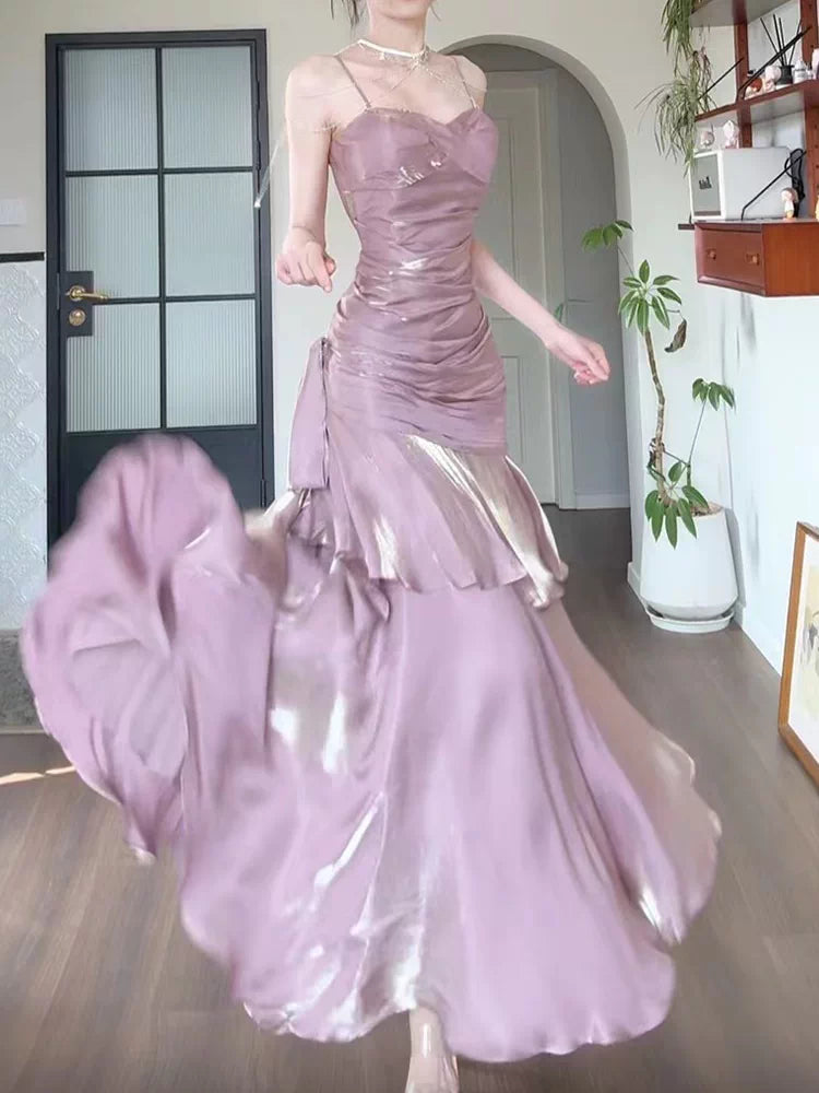 Elegantes, langes, rosafarbenes Meerjungfrauen-Abendkleid mit Spaghettiträgern – perfekt für Highschool-Teenager, Abschlussball, Tanzparty (AB2512)