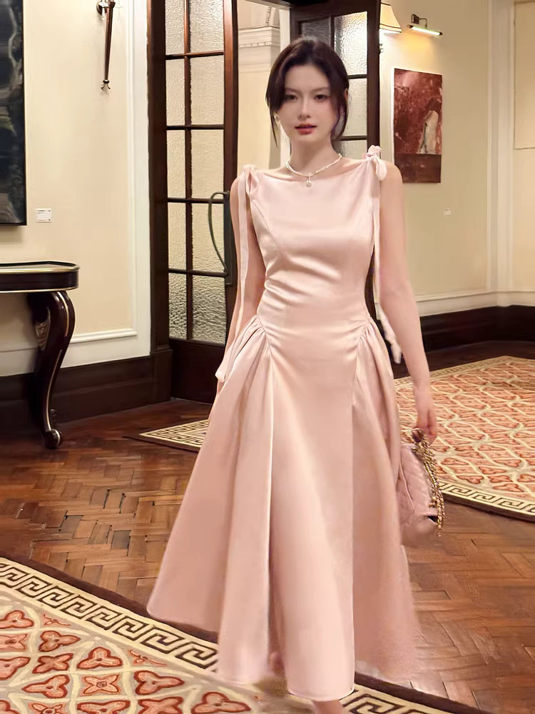 Robe de bal rose satinée, coupe trapèze, col rond, longueur cheville, idéale pour une soirée d'anniversaire ou un 17e anniversaire (AB2498)