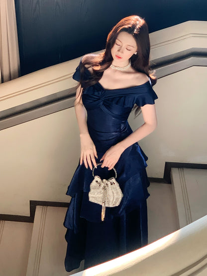 Robe de bal longue bleu marine élégante à épaules dénudées, style sirène, idéale pour une soirée d'anniversaire ou un 16e anniversaire (AB2456)