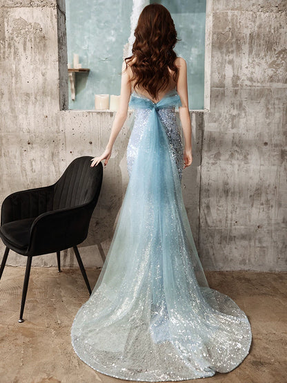 Elegantes, trägerloses, blaues Pailletten-Abendkleid im Meerjungfrauenstil – Inspiration für lange Partys und den 20. Geburtstag AB2329