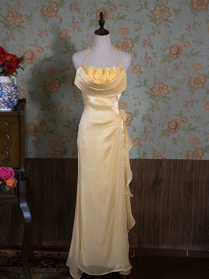 Robe de bal longue vintage années 90, coupe trapèze, col halter fleuri, inspiration robe de soirée rétro tenue d'anniversaire 21 ans AB2375